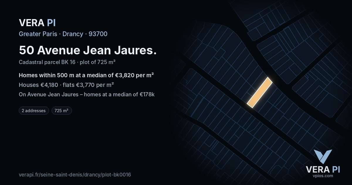 50 Avenue Jean Jaures, Drancy at night – the plot lit, the parcels around coloured by the prices near them