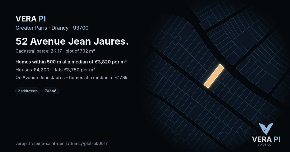 52 Avenue Jean Jaures, Drancy at night – the plot lit, the parcels around coloured by the prices near them