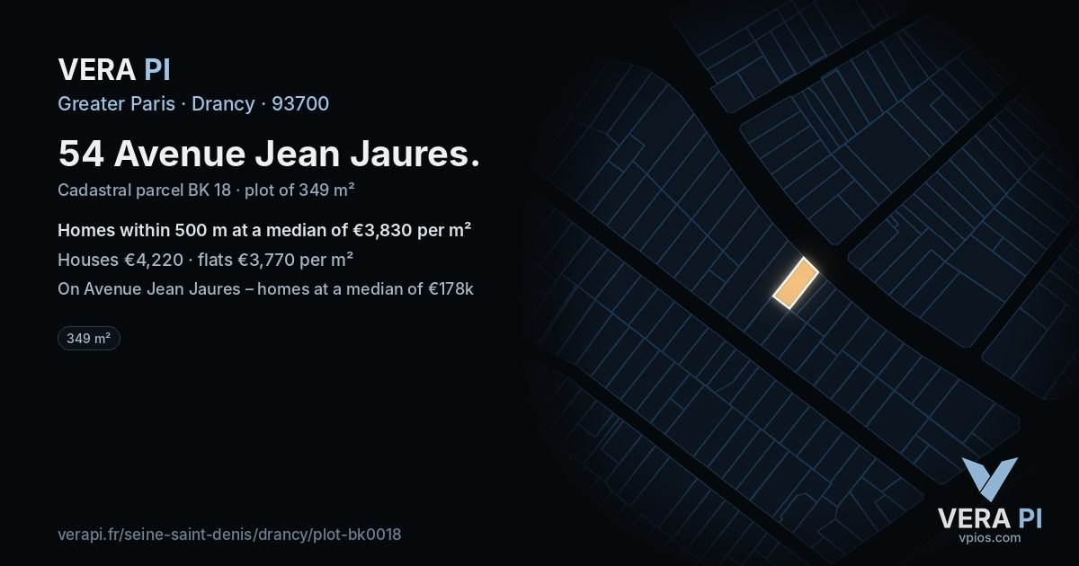 54 Avenue Jean Jaures, Drancy at night – the plot lit, the parcels around coloured by the prices near them