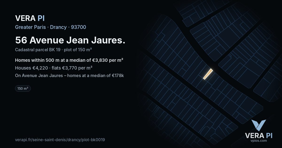 56 Avenue Jean Jaures, Drancy at night – the plot lit, the parcels around coloured by the prices near them