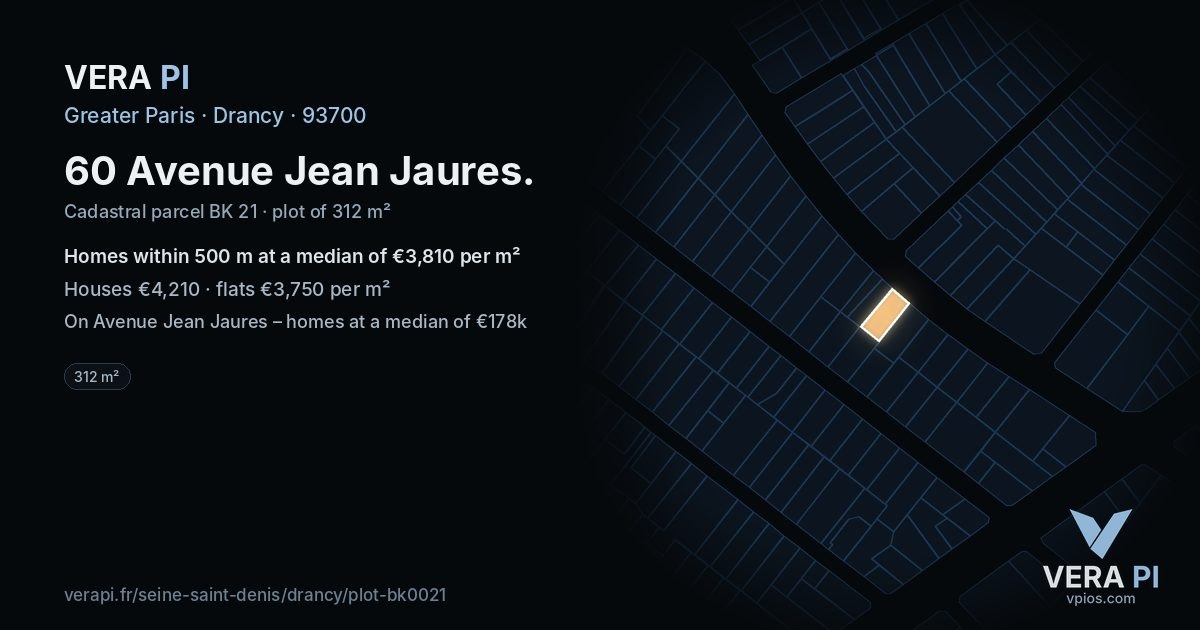 60 Avenue Jean Jaures, Drancy at night – the plot lit, the parcels around coloured by the prices near them