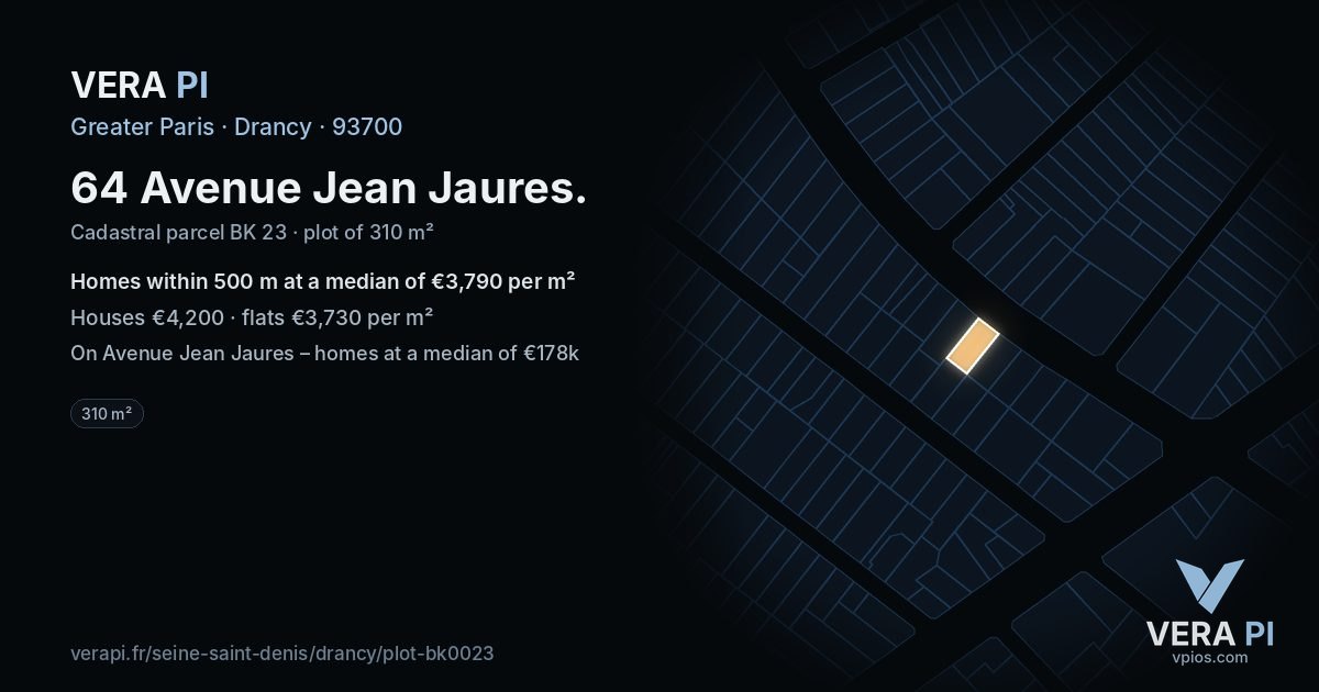 64 Avenue Jean Jaures, Drancy at night – the plot lit, the parcels around coloured by the prices near them