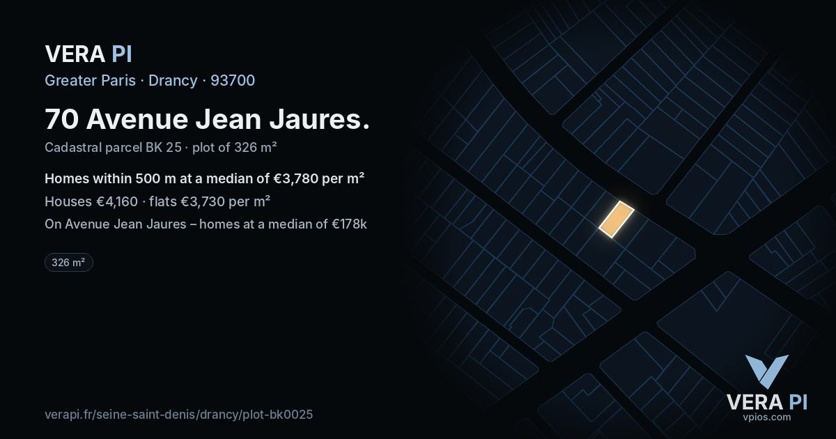 70 Avenue Jean Jaures, Drancy at night – the plot lit, the parcels around coloured by the prices near them