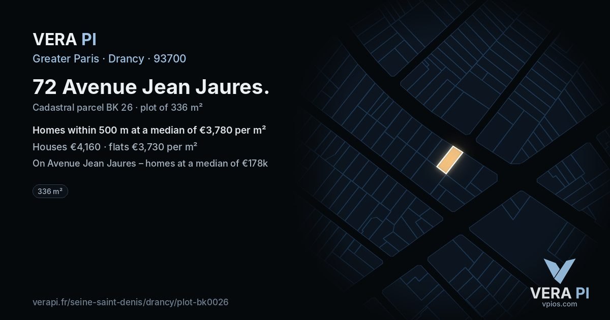 72 Avenue Jean Jaures, Drancy at night – the plot lit, the parcels around coloured by the prices near them