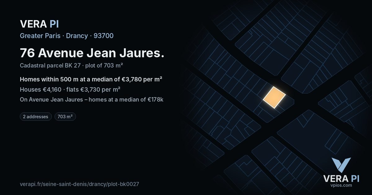 76 Avenue Jean Jaures, Drancy at night – the plot lit, the parcels around coloured by the prices near them