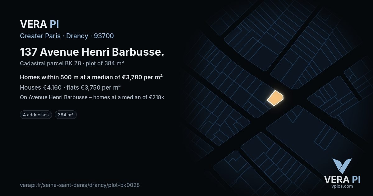 137 Avenue Henri Barbusse, Drancy at night – the plot lit, the parcels around coloured by the prices near them