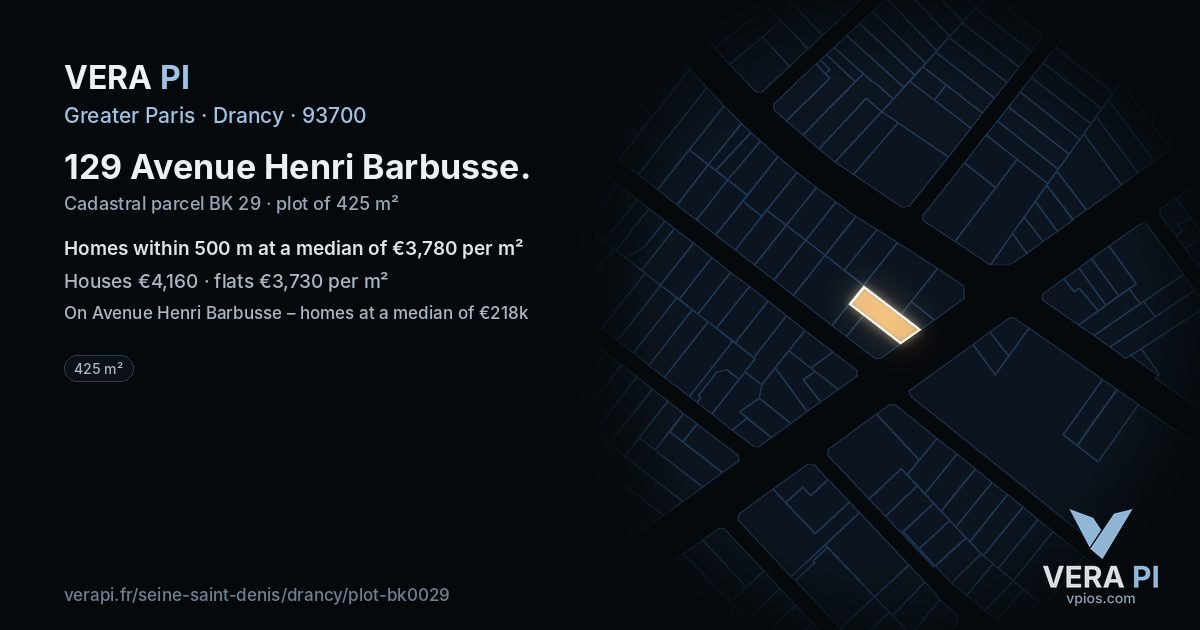 129 Avenue Henri Barbusse, Drancy at night – the plot lit, the parcels around coloured by the prices near them