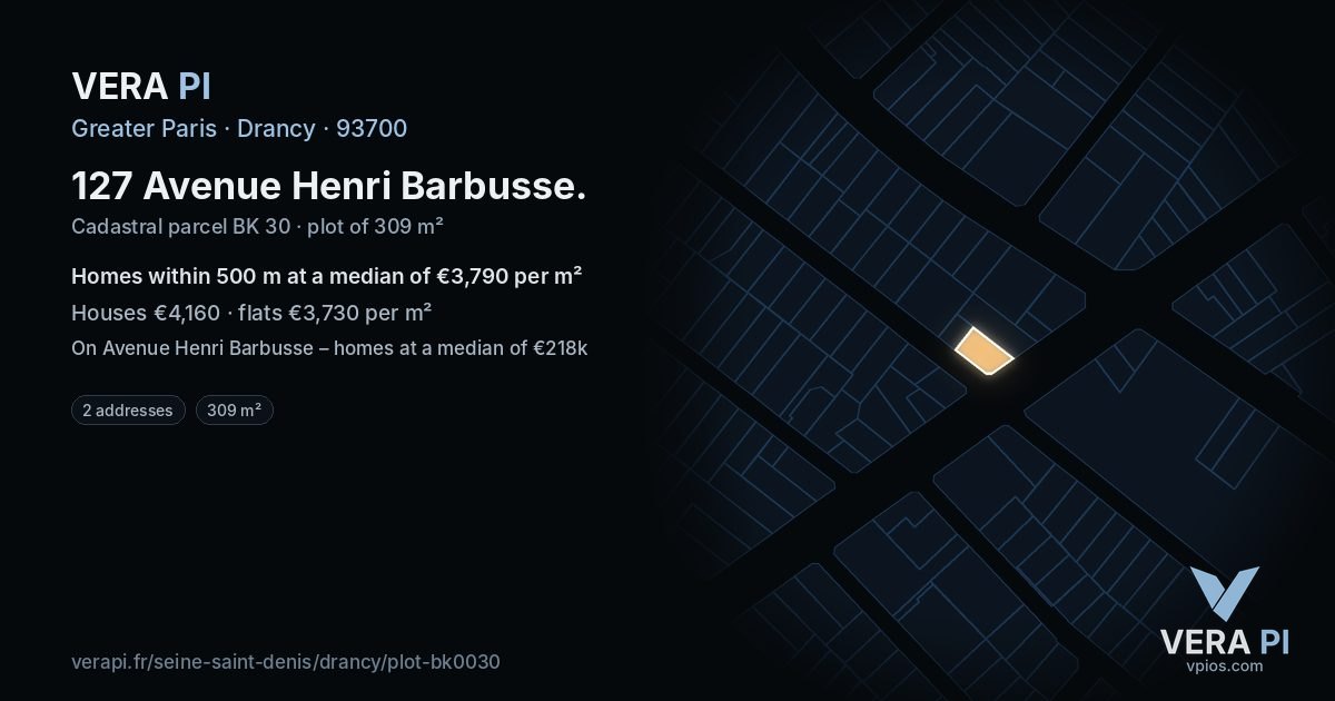 127 Avenue Henri Barbusse, Drancy at night – the plot lit, the parcels around coloured by the prices near them