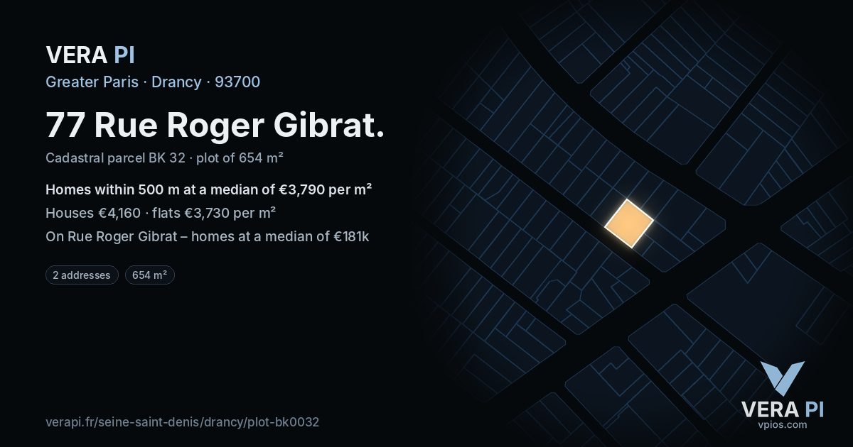77 Rue Roger Gibrat, Drancy at night – the plot lit, the parcels around coloured by the prices near them