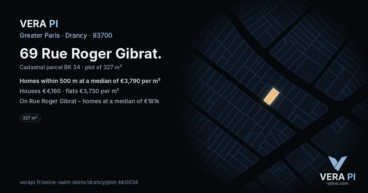 69 Rue Roger Gibrat, Drancy at night – the plot lit, the parcels around coloured by the prices near them
