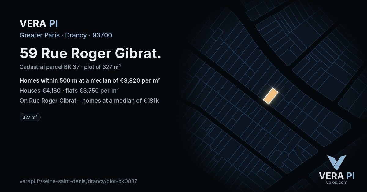59 Rue Roger Gibrat, Drancy at night – the plot lit, the parcels around coloured by the prices near them