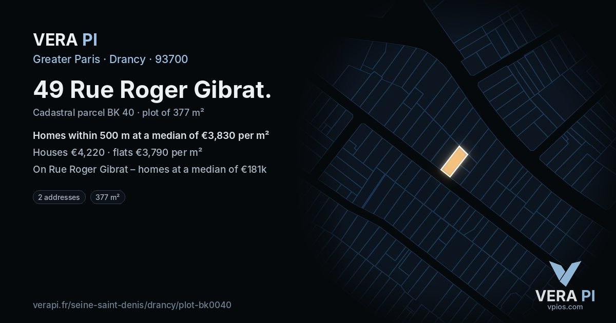 49 Rue Roger Gibrat, Drancy at night – the plot lit, the parcels around coloured by the prices near them