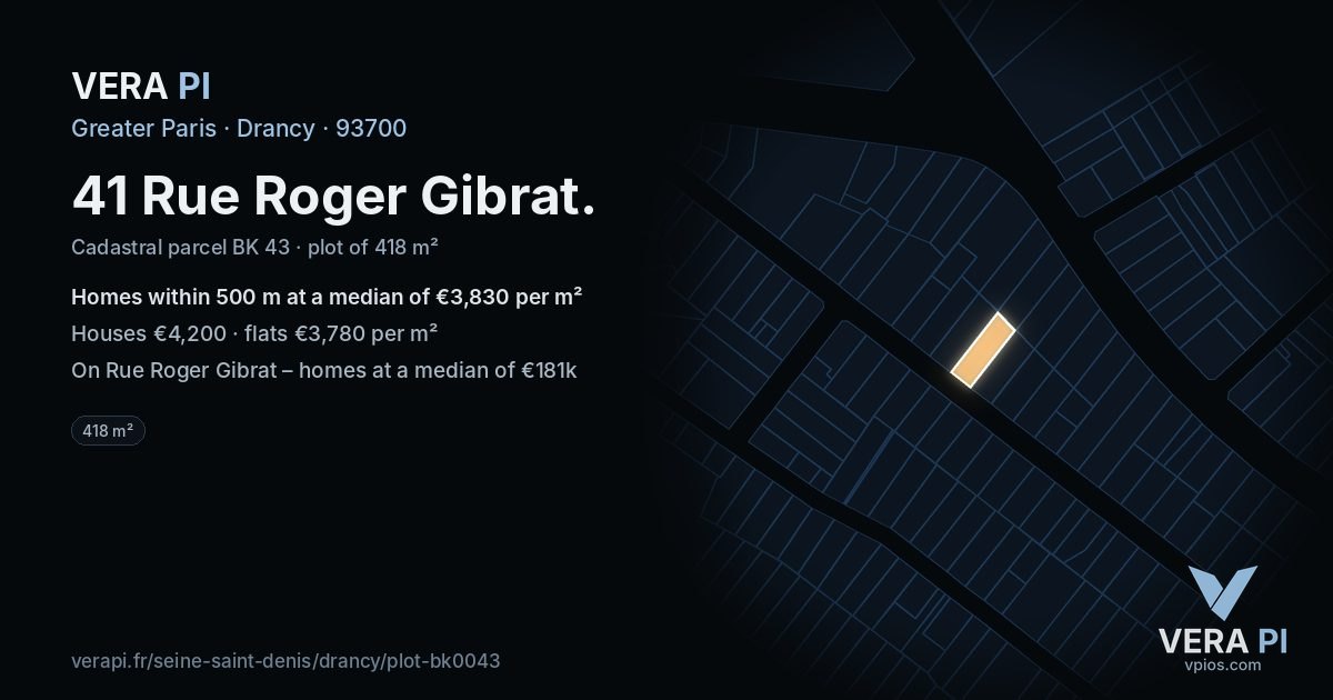 41 Rue Roger Gibrat, Drancy at night – the plot lit, the parcels around coloured by the prices near them
