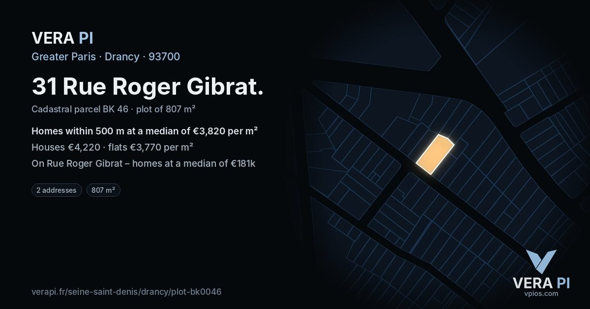 31 Rue Roger Gibrat, Drancy at night – the plot lit, the parcels around coloured by the prices near them