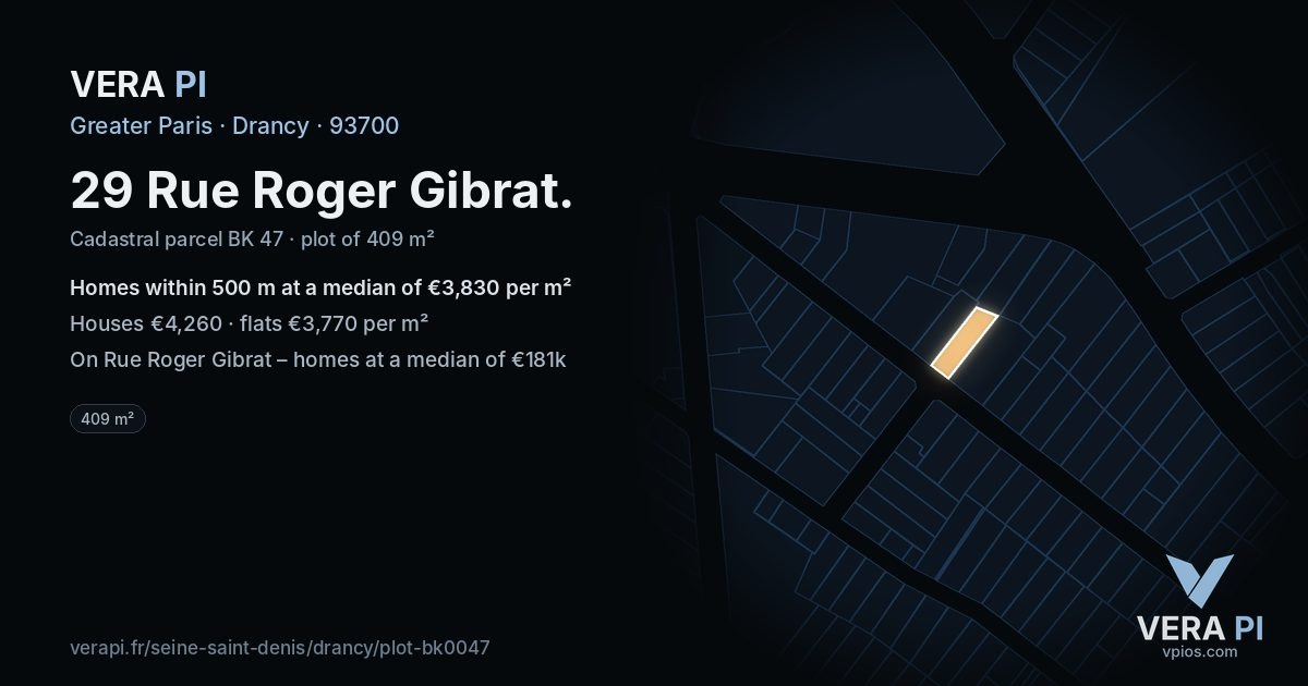 29 Rue Roger Gibrat, Drancy at night – the plot lit, the parcels around coloured by the prices near them