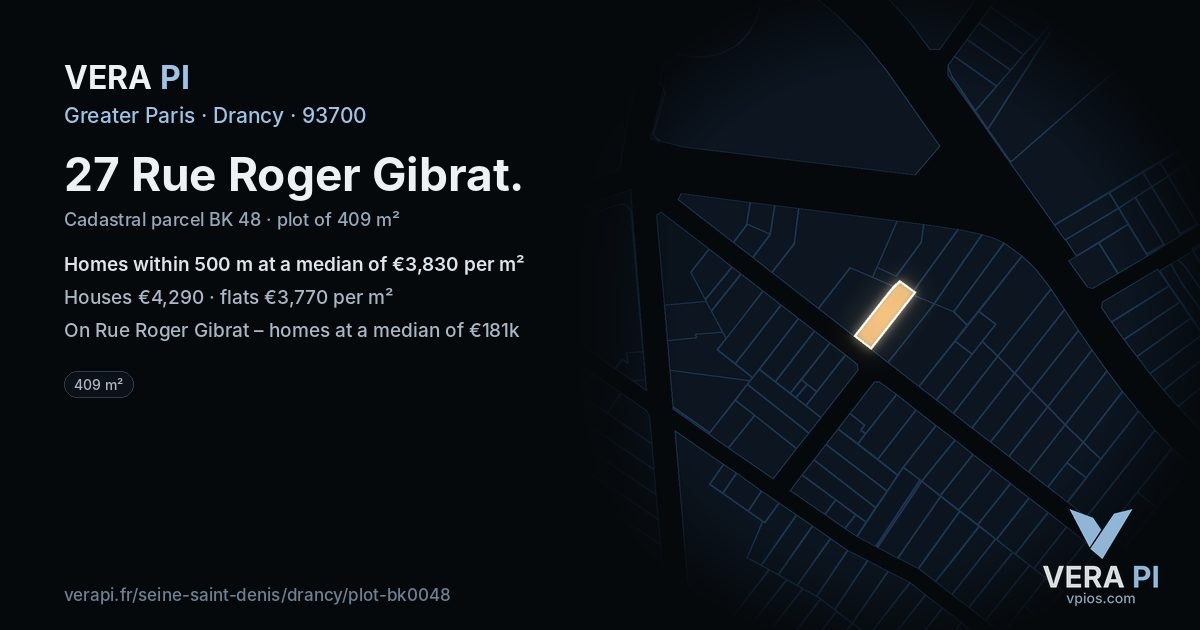 27 Rue Roger Gibrat, Drancy at night – the plot lit, the parcels around coloured by the prices near them
