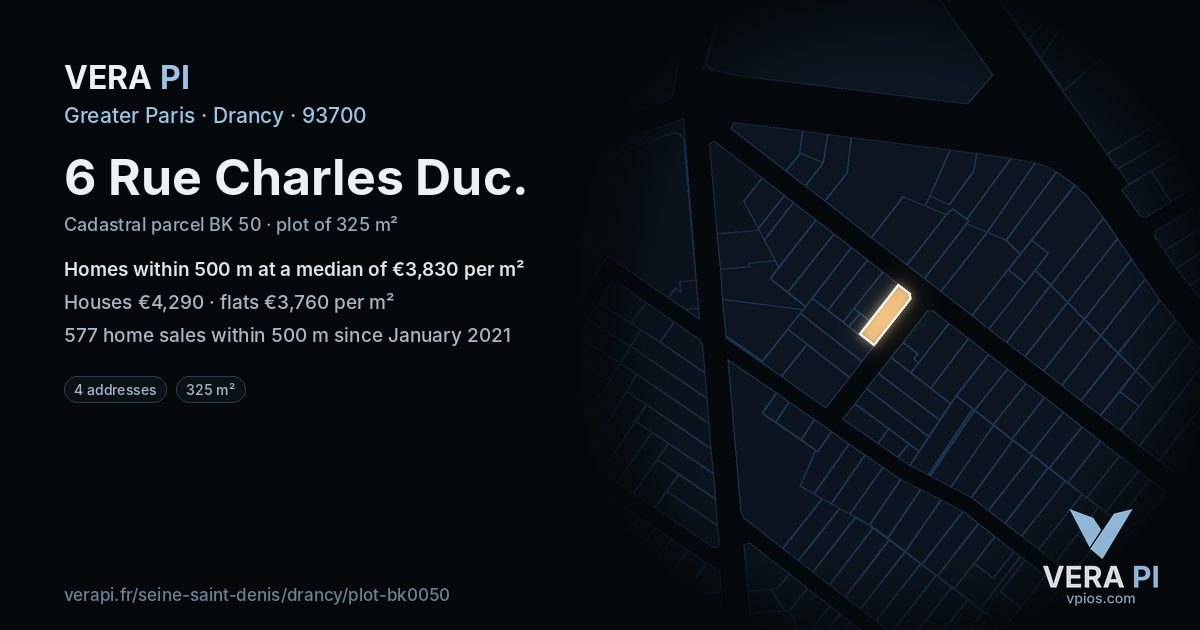 6 Rue Charles Duc, Drancy at night – the plot lit, the parcels around coloured by the prices near them