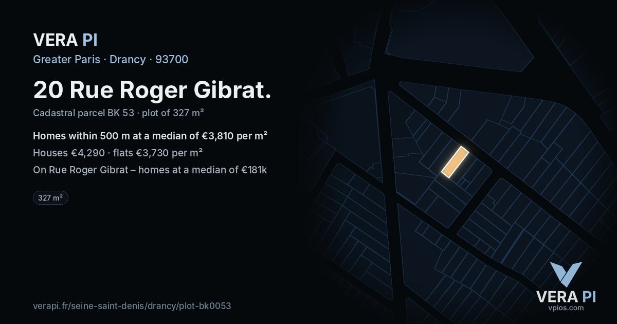 20 Rue Roger Gibrat, Drancy at night – the plot lit, the parcels around coloured by the prices near them