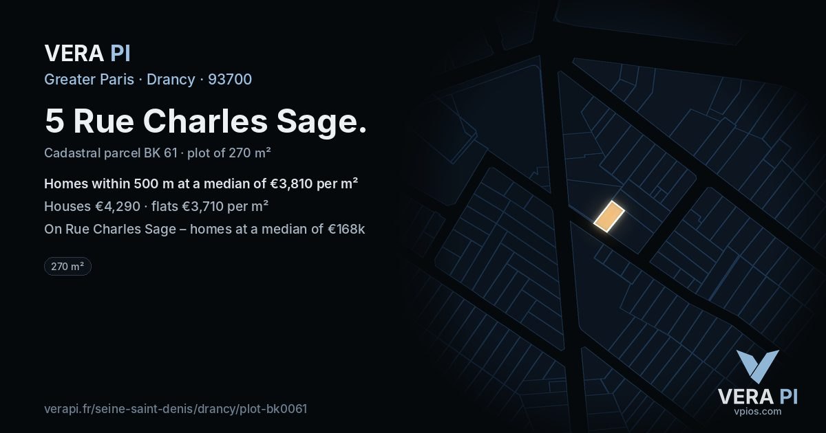 5 Rue Charles Sage, Drancy at night – the plot lit, the parcels around coloured by the prices near them