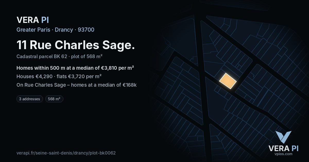 11 Rue Charles Sage, Drancy at night – the plot lit, the parcels around coloured by the prices near them