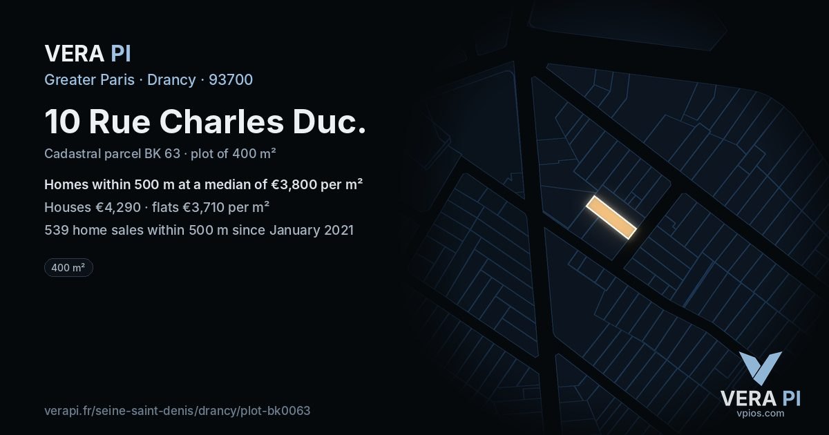 10 Rue Charles Duc, Drancy at night – the plot lit, the parcels around coloured by the prices near them