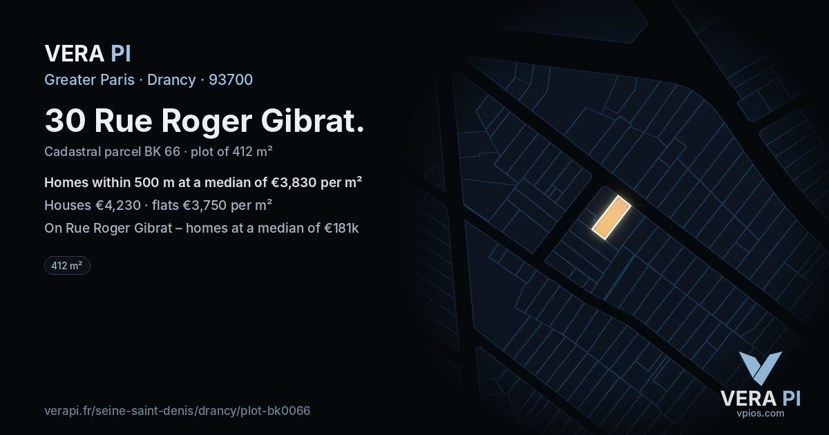30 Rue Roger Gibrat, Drancy at night – the plot lit, the parcels around coloured by the prices near them
