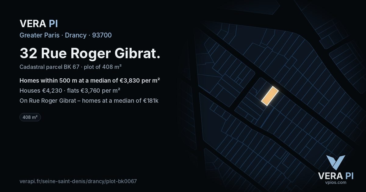 32 Rue Roger Gibrat, Drancy at night – the plot lit, the parcels around coloured by the prices near them