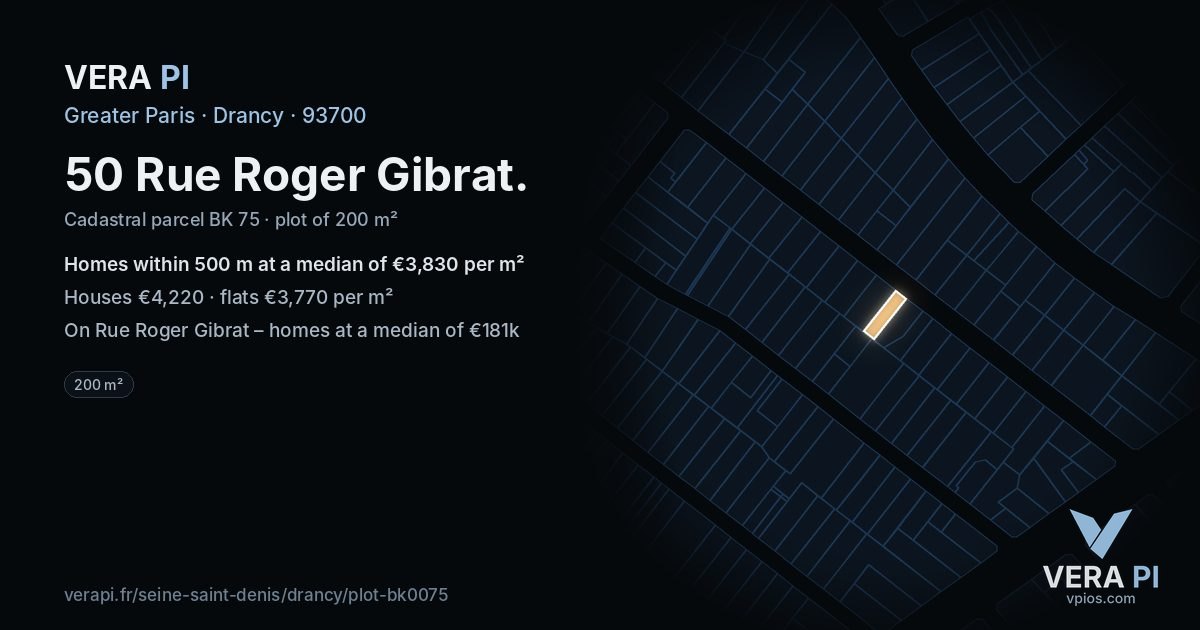 50 Rue Roger Gibrat, Drancy at night – the plot lit, the parcels around coloured by the prices near them