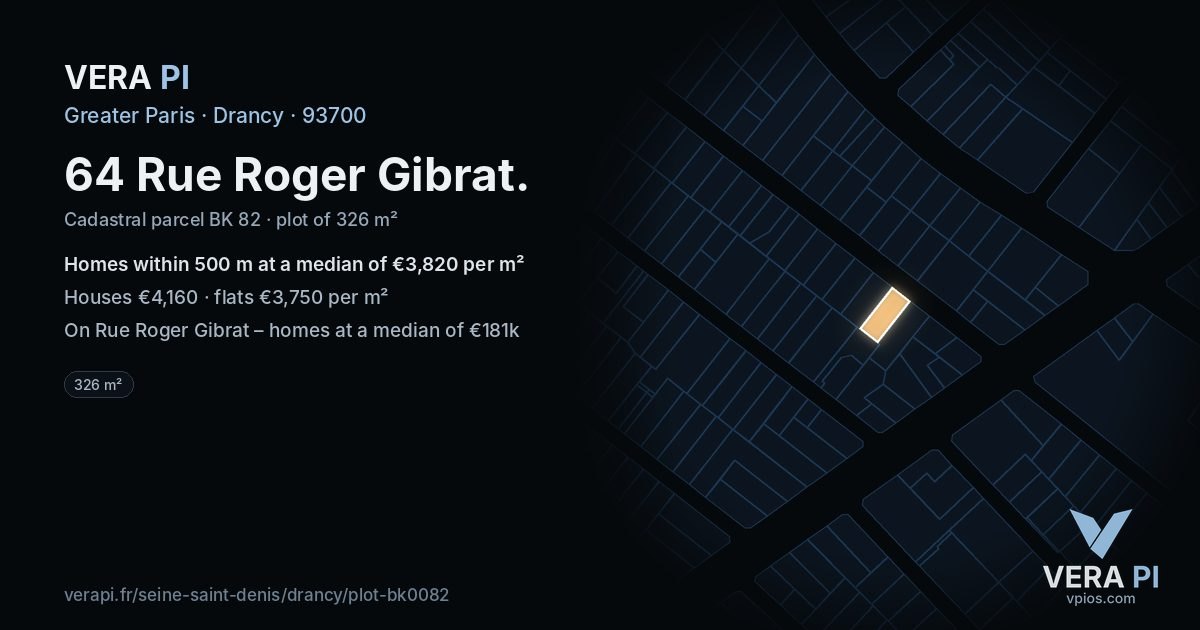 64 Rue Roger Gibrat, Drancy at night – the plot lit, the parcels around coloured by the prices near them