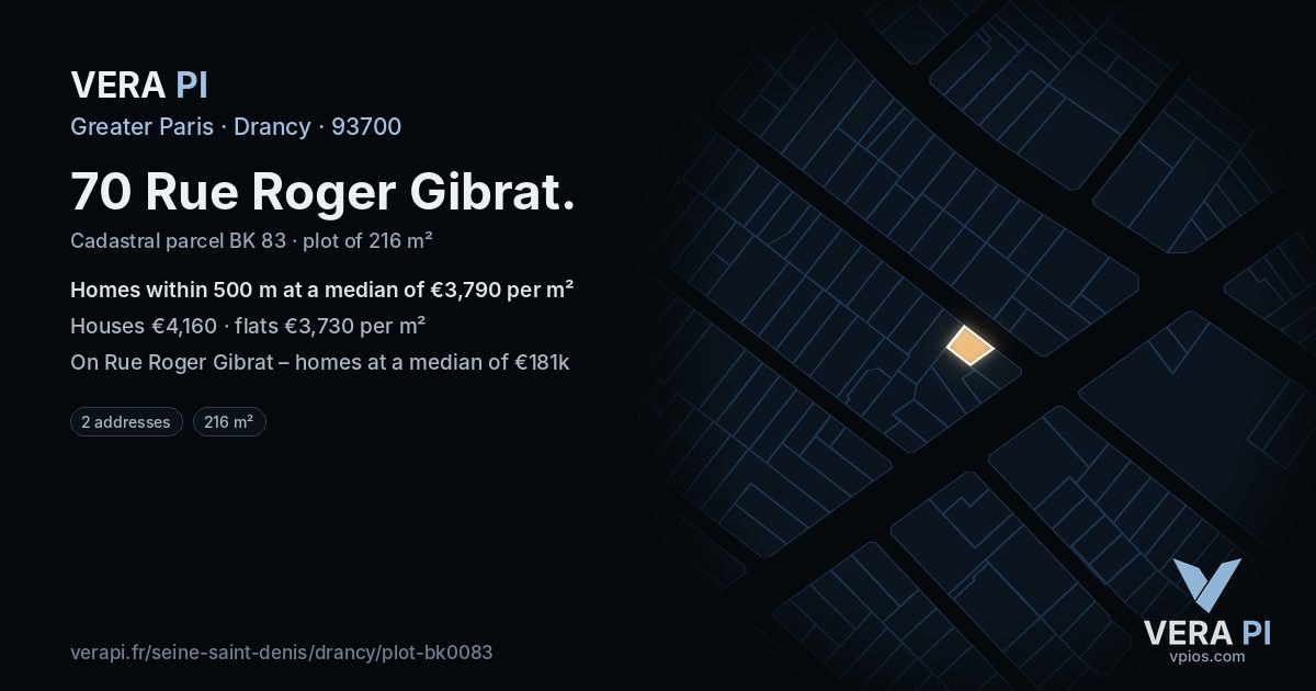 70 Rue Roger Gibrat, Drancy at night – the plot lit, the parcels around coloured by the prices near them