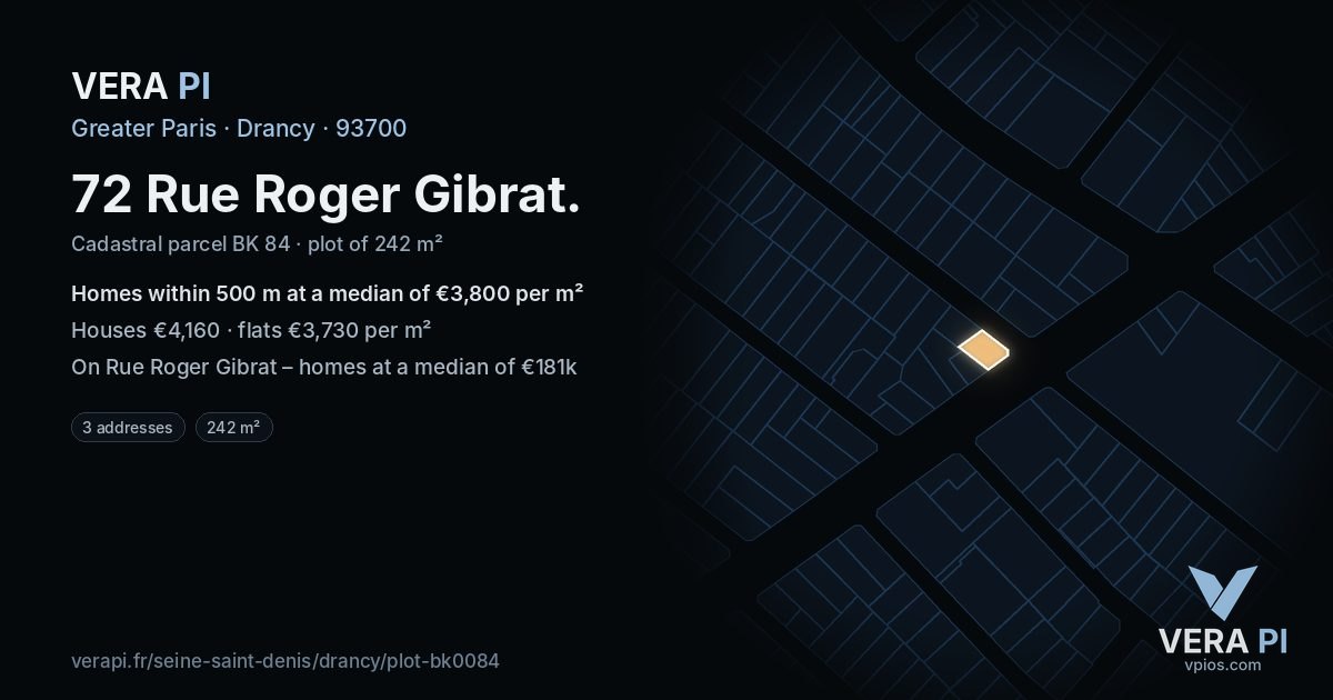 72 Rue Roger Gibrat, Drancy at night – the plot lit, the parcels around coloured by the prices near them