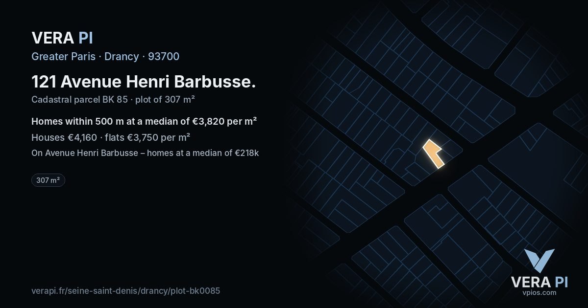 121 Avenue Henri Barbusse, Drancy at night – the plot lit, the parcels around coloured by the prices near them