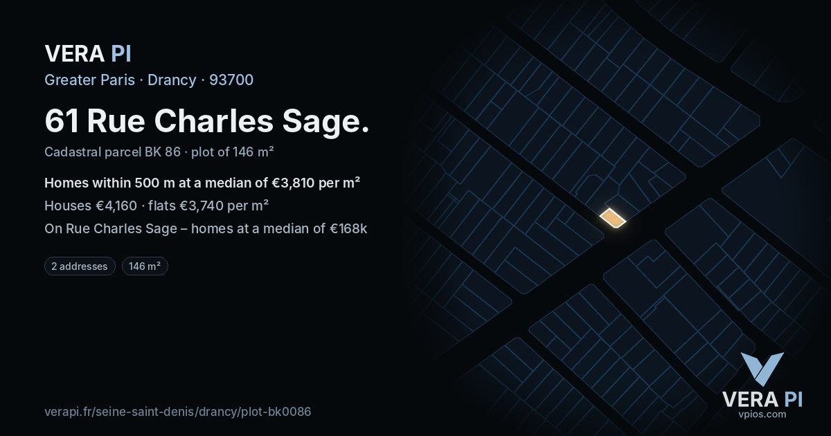 61 Rue Charles Sage, Drancy at night – the plot lit, the parcels around coloured by the prices near them