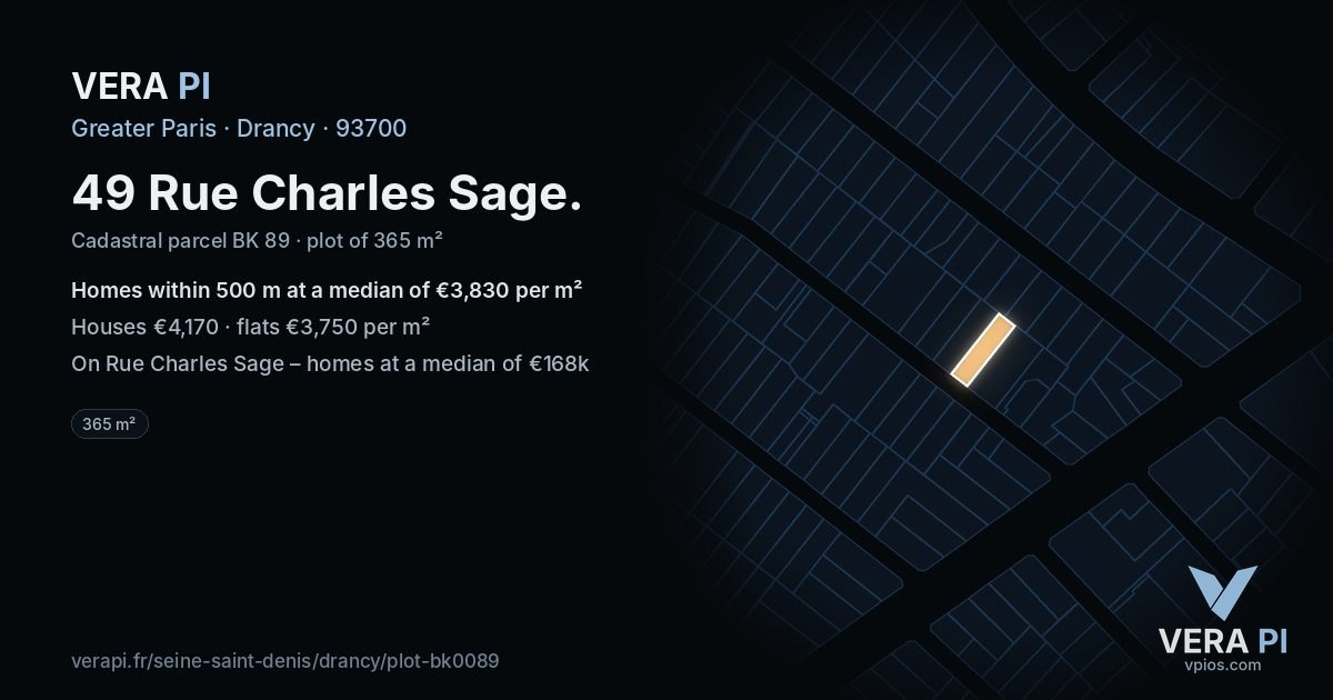 49 Rue Charles Sage, Drancy at night – the plot lit, the parcels around coloured by the prices near them