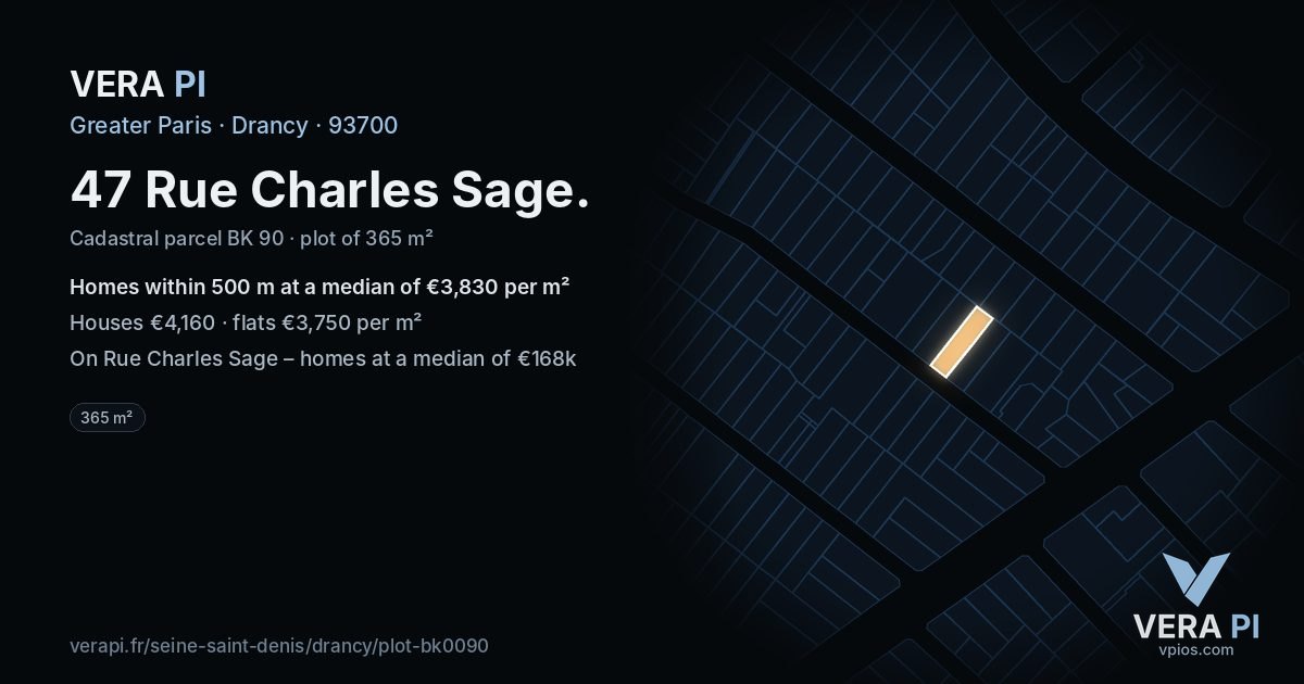 47 Rue Charles Sage, Drancy at night – the plot lit, the parcels around coloured by the prices near them