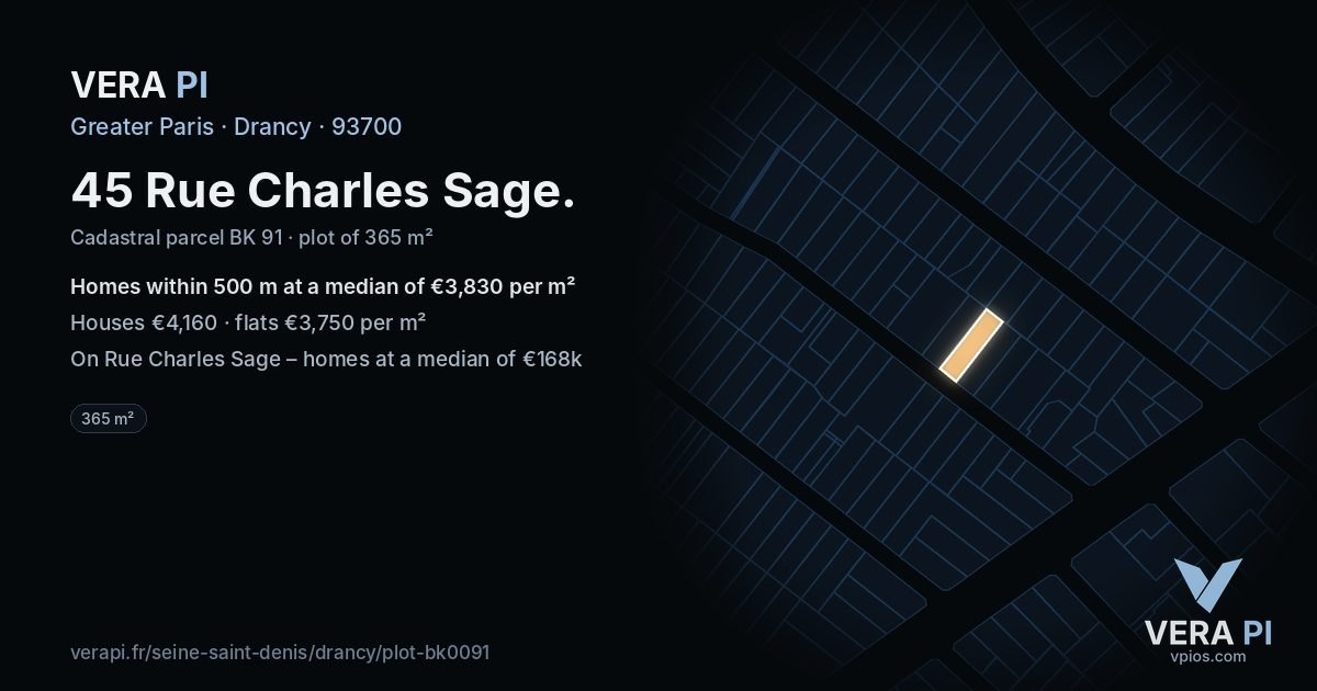 45 Rue Charles Sage, Drancy at night – the plot lit, the parcels around coloured by the prices near them