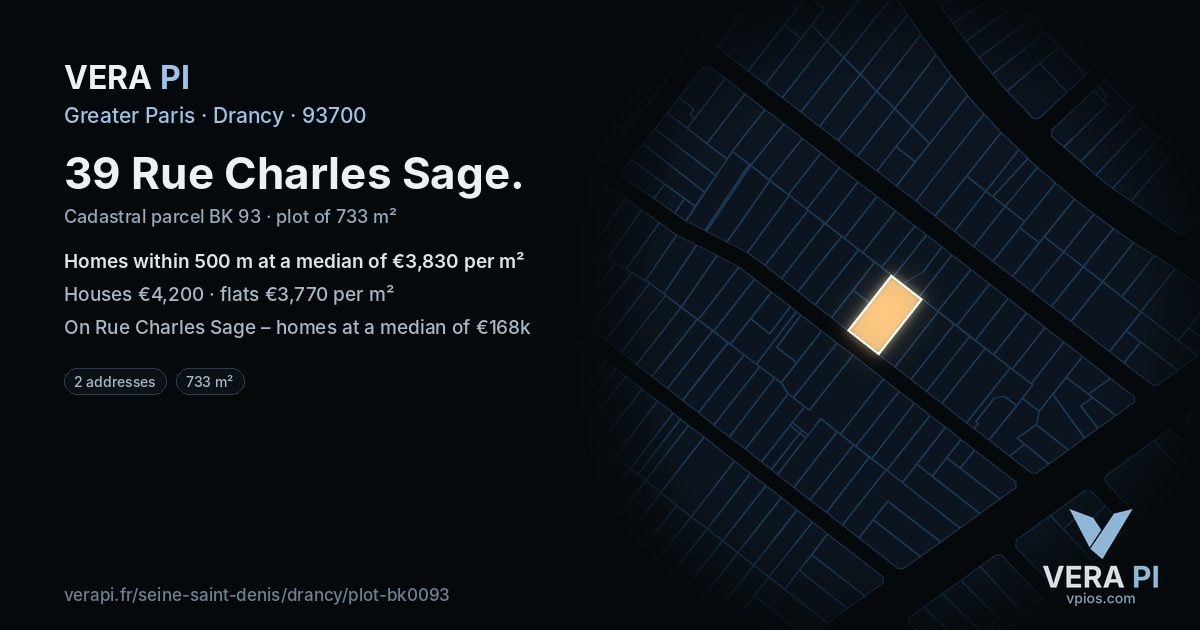 39 Rue Charles Sage, Drancy at night – the plot lit, the parcels around coloured by the prices near them