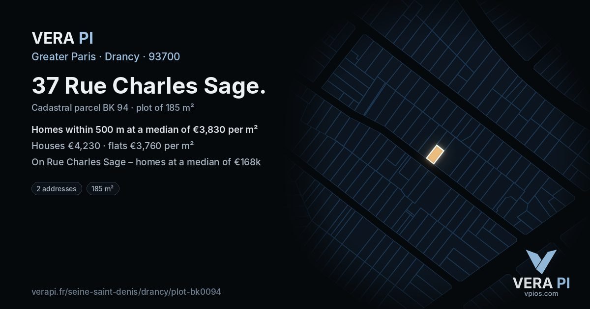 37 Rue Charles Sage, Drancy at night – the plot lit, the parcels around coloured by the prices near them