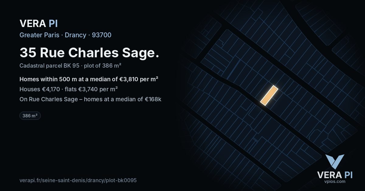 35 Rue Charles Sage, Drancy at night – the plot lit, the parcels around coloured by the prices near them