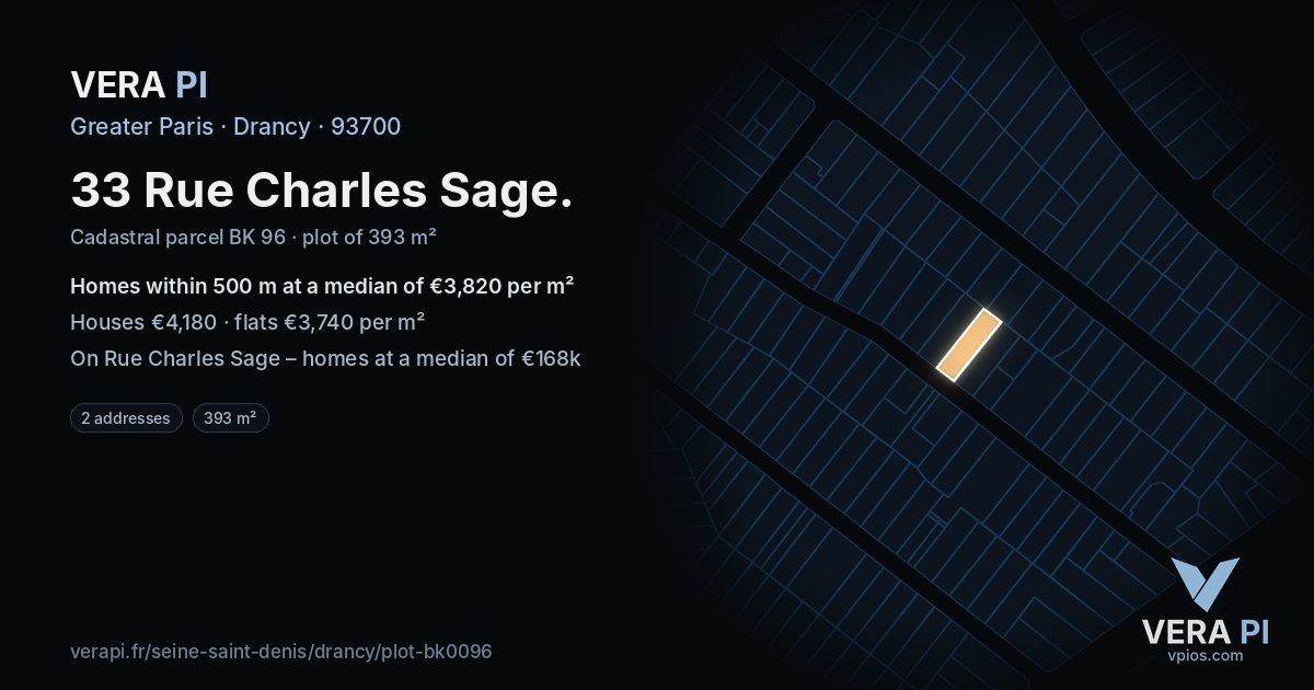 33 Rue Charles Sage, Drancy at night – the plot lit, the parcels around coloured by the prices near them