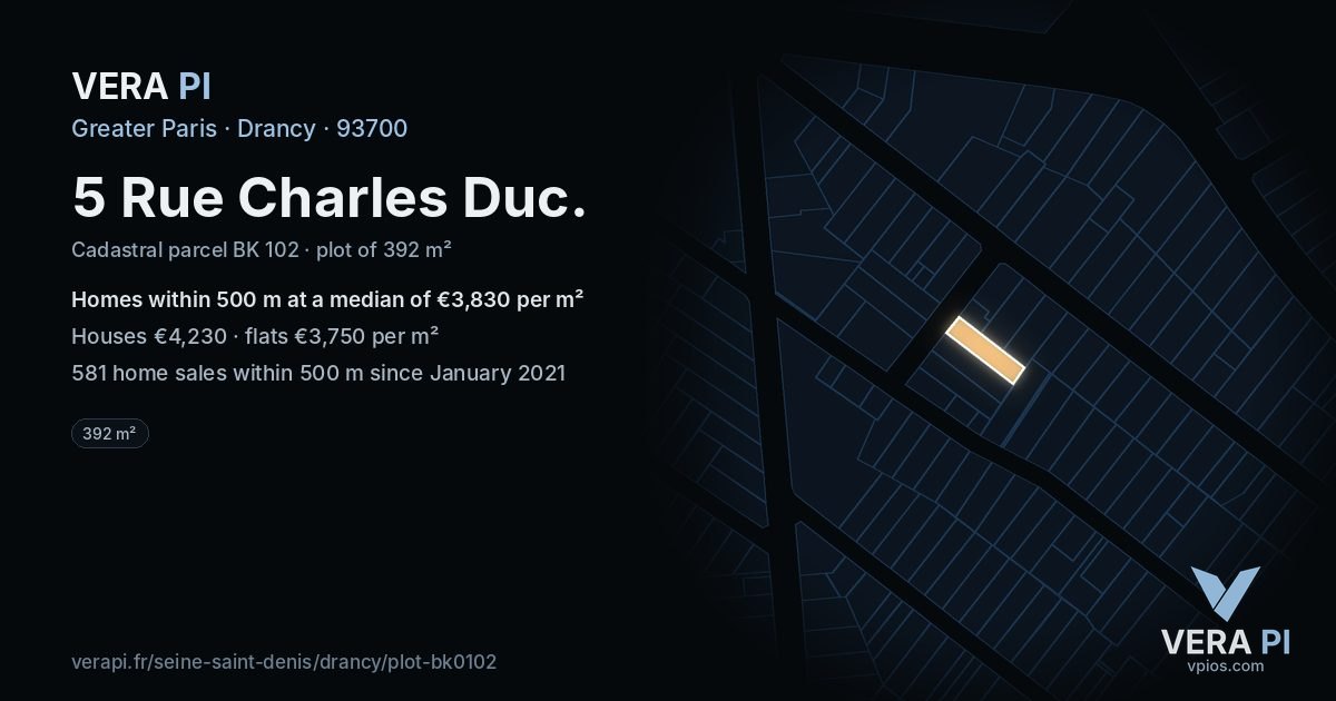 5 Rue Charles Duc, Drancy at night – the plot lit, the parcels around coloured by the prices near them
