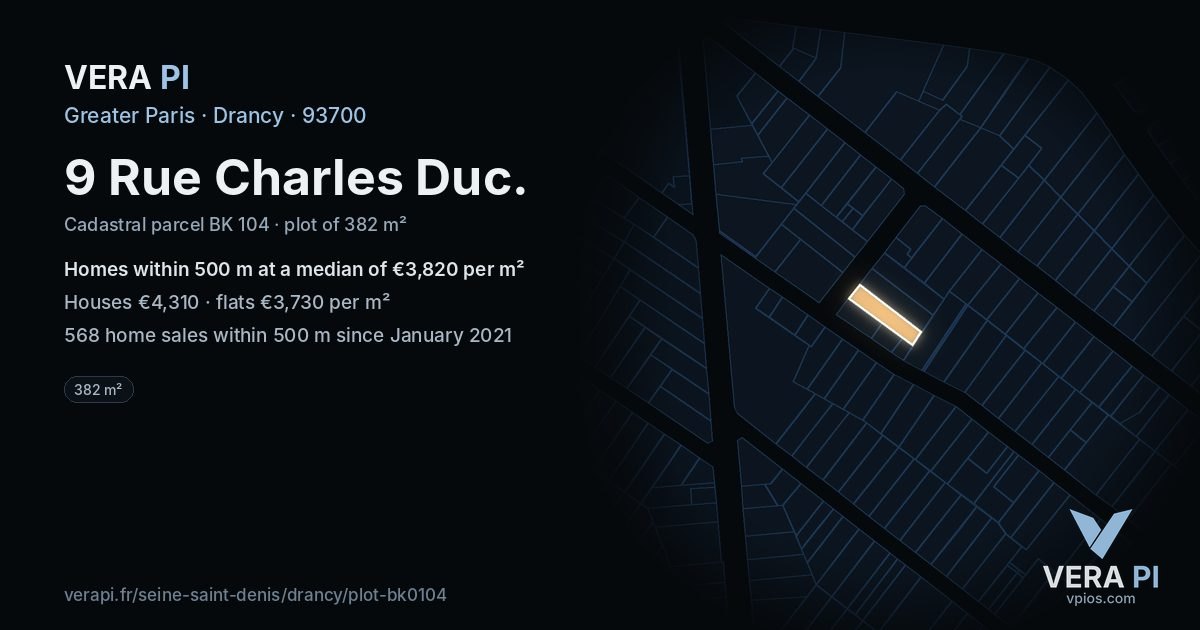 9 Rue Charles Duc, Drancy at night – the plot lit, the parcels around coloured by the prices near them