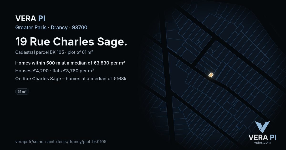 19 Rue Charles Sage, Drancy at night – the plot lit, the parcels around coloured by the prices near them