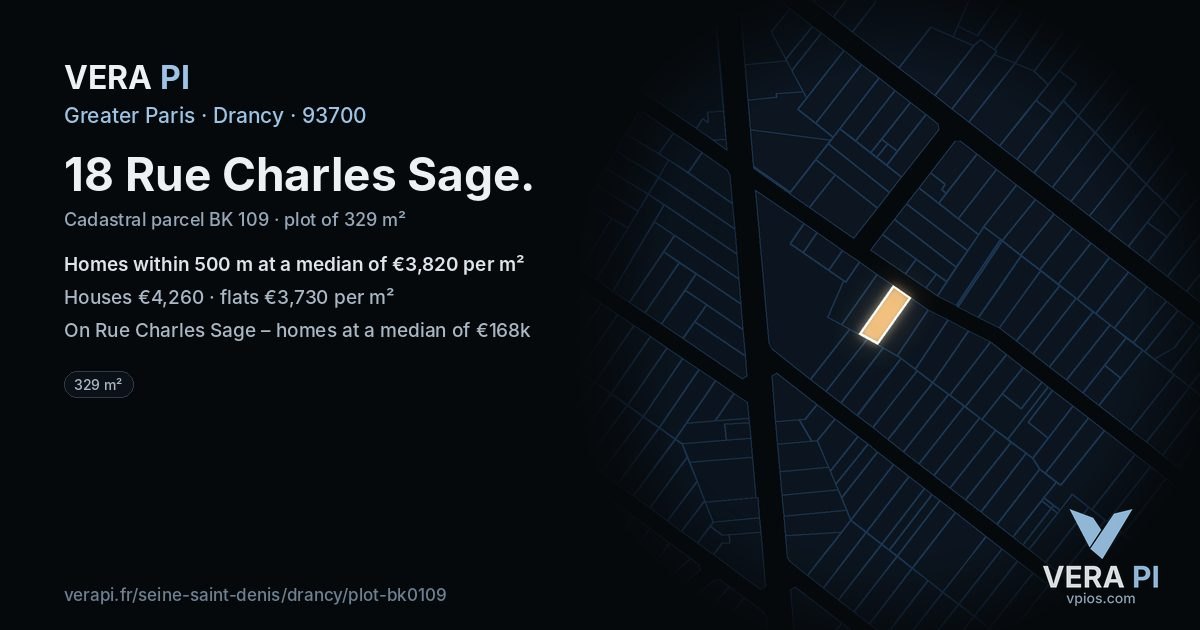 18 Rue Charles Sage, Drancy at night – the plot lit, the parcels around coloured by the prices near them