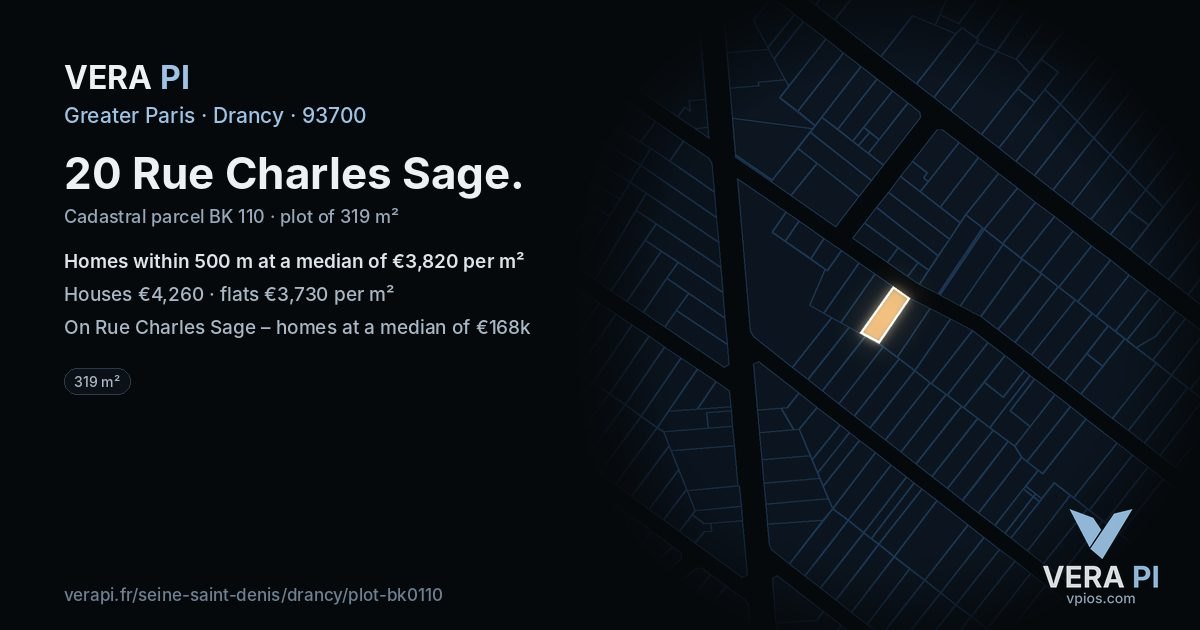 20 Rue Charles Sage, Drancy at night – the plot lit, the parcels around coloured by the prices near them