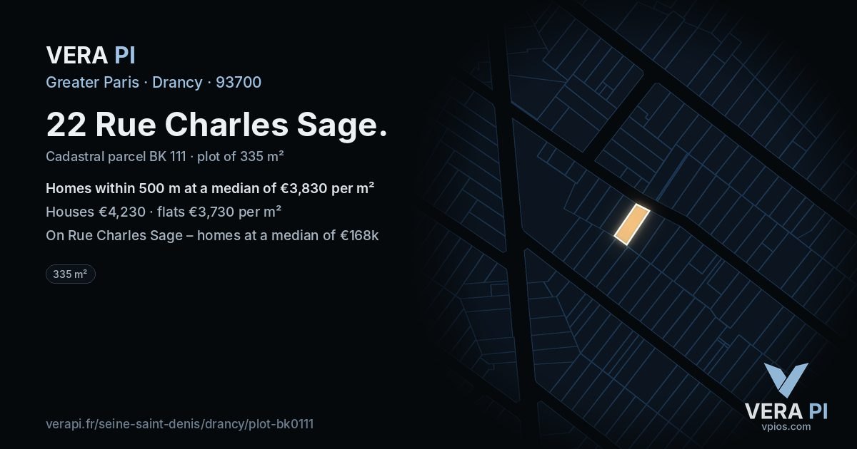 22 Rue Charles Sage, Drancy at night – the plot lit, the parcels around coloured by the prices near them