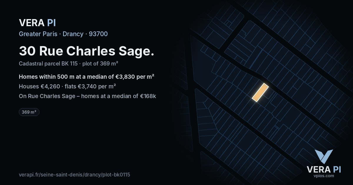 30 Rue Charles Sage, Drancy at night – the plot lit, the parcels around coloured by the prices near them