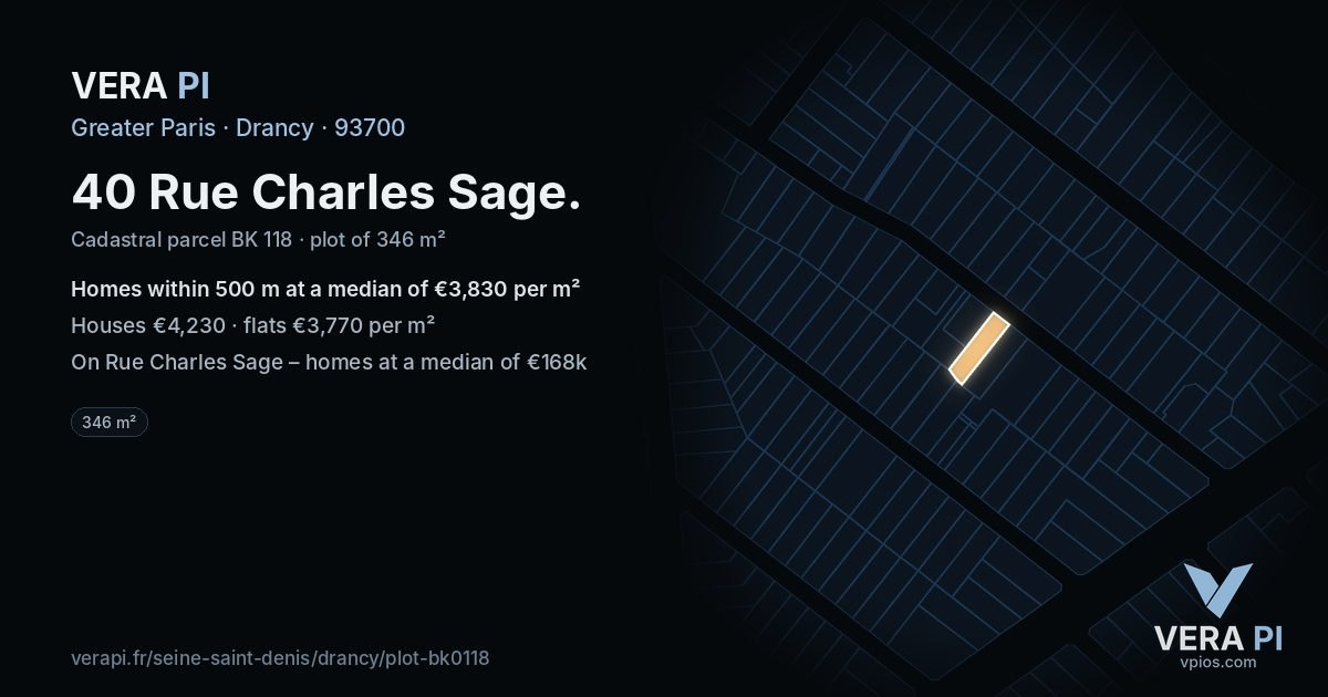 40 Rue Charles Sage, Drancy at night – the plot lit, the parcels around coloured by the prices near them