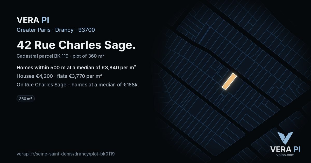 42 Rue Charles Sage, Drancy at night – the plot lit, the parcels around coloured by the prices near them