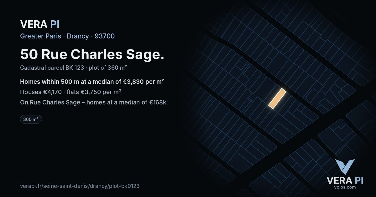 50 Rue Charles Sage, Drancy at night – the plot lit, the parcels around coloured by the prices near them
